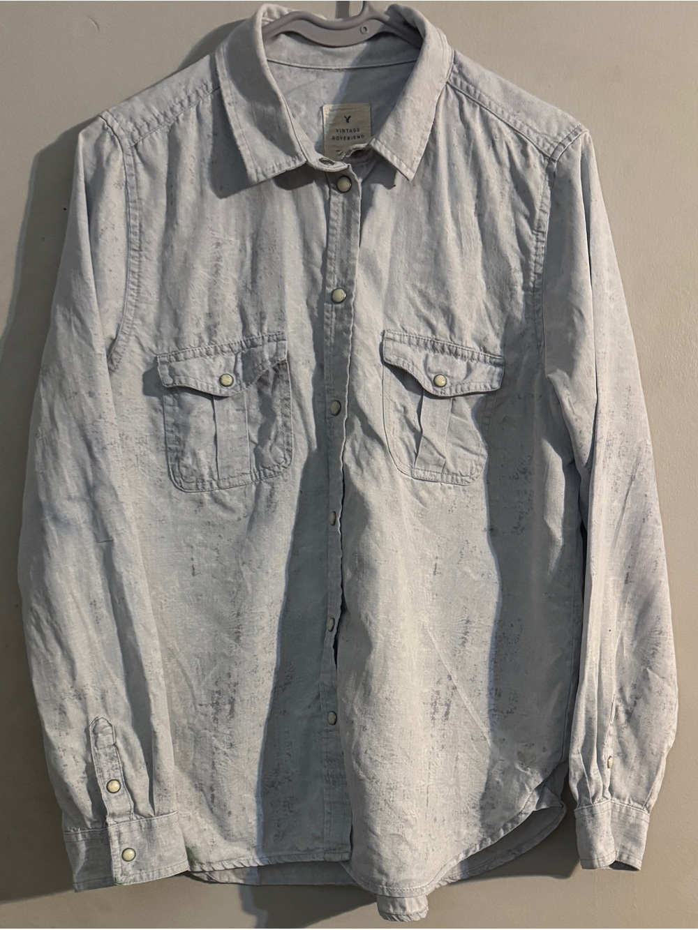 American Eagle Vintage Boyfriend Pearl Snap Front Long Sleeve Blue Jean Shirt L